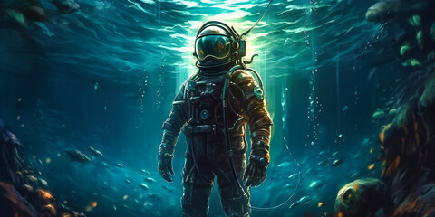 an astronaut in his suit standing underwater