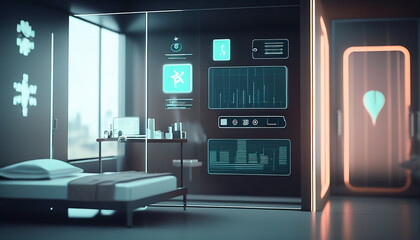 health data flow concept, holograms healt data concept on a hospital. AI generated