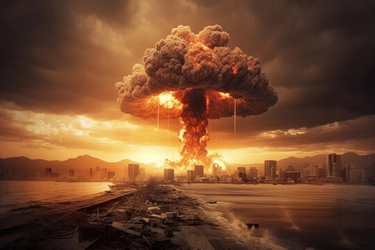 Nuclear explosion. Nuclear war and Mushroom cloud. AI Generated