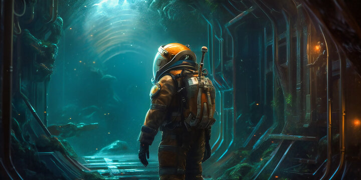 an astronaut is standing in an underwater environment