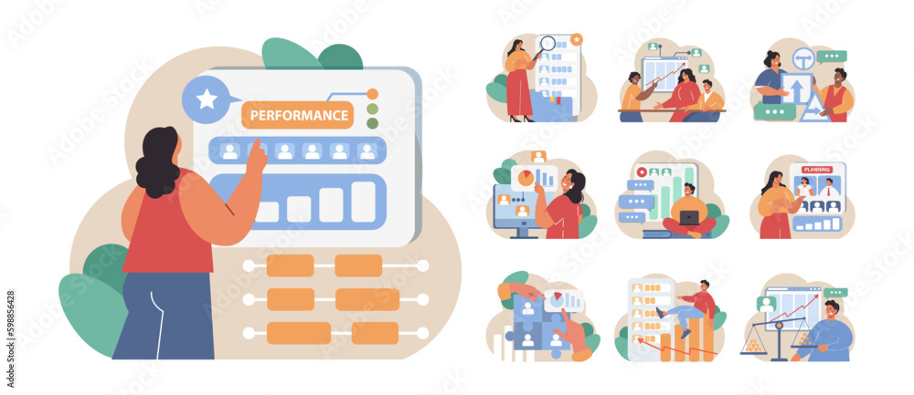 Poster employee performance management set. performance indicators and reports