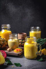 Golden Glow. Glass jar mugs with yellow smoothie on a dark background. Refreshing and vibrant concept. AI Generative