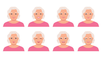 Elderly asian woman avatar set.Different emotions. Cartoon vector illustration.