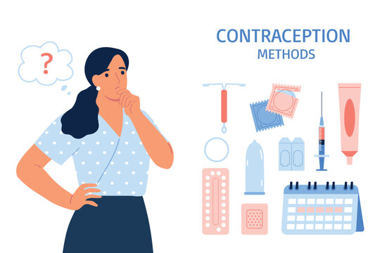 Different types of female contraception. Woman thinking about suitable method of contraception. Protection against sexually transmitted diseases. Flat vector illustration on white background.