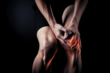 Knee pain. A man holds his knee with his hands. AI Generated