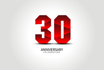 30 Year Anniversary Celebration Logo red vector, 30 Number Design, 30th Birthday Logo, Logotype Number, Vector Anniversary For Celebration, Invitation Card, Greeting Card. logo number Anniversary