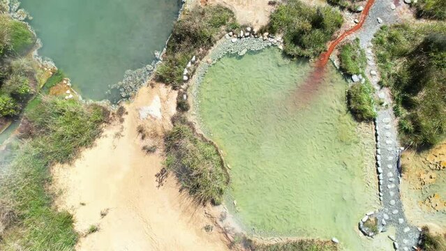 Drone view of colorful geothermal hot spring pool at Copland track, West Coast New Zealand