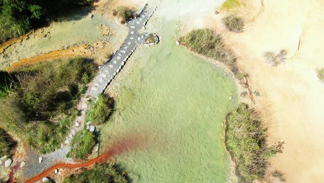 Hot Pools by Welcome Flat Hut, tourist attraction, Copland hiking track in New Zealand, aerial view