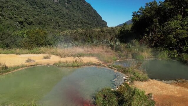 Drone close up of Hot Pool at Copland track, famous hiking location in West Coast, New Zealand