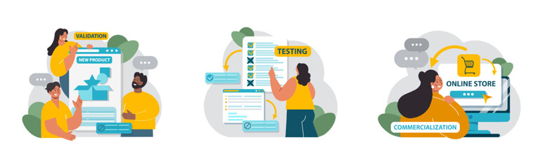 Product development set. New brand or start up launch stages