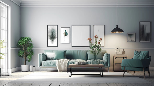 Stylish scandinavian living room with design furniture, plants, bamboo bookstand and wooden desk. Abstract painting on the white wall. Modern decor of bright room, Generative AI
