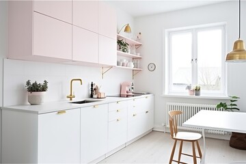 Fototapeta na wymiar Minimalist Scandinavian Kitchen with Wood Accent, Ai Generative