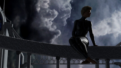 Illustration of a woman sitting on a fence with a dramatic sky in the background.