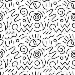 90s seamless pattern squiggle. Abstract geometric shapes seamless pattern. Vector Hand drawn various shapes and doodle objects. Abstract contemporary modern style. Trendy colorfull illustration.