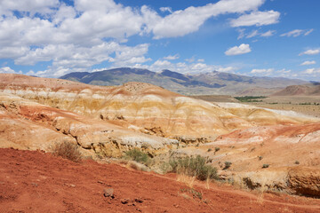 Colorful mountains of the Altai Mountains in sunny weather. A popular tourist spot.