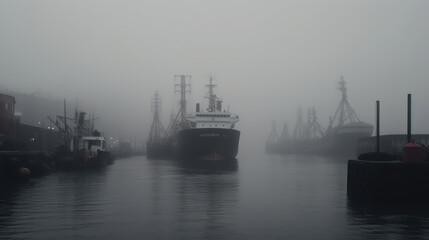 Ghostly German Port in Dense Fog. Generative AI