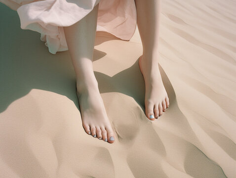 Female feet on the sand. AI generated image.