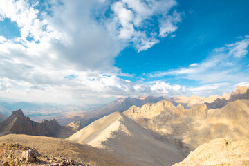 Aladaglar National Park. Cloudy mountain landscape. Transmountain trips. Trekking Aladaghlar. Turkey..