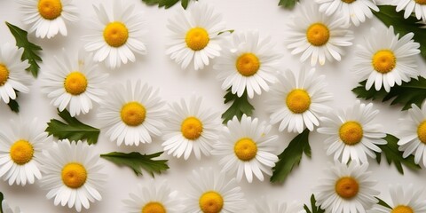 Fototapeta premium Modern abstract card with colorful spring background full daisies on light background for decoration design. White background. Fashion model. Studio fashion portrait. Abstract botanical background.