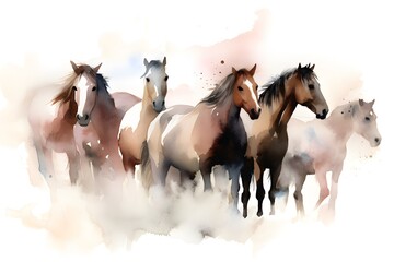 Naklejka na ściany i meble A group of wild horses in watercolor AI-Generated image