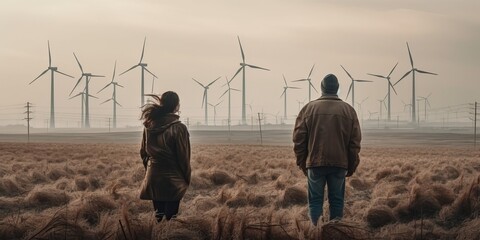 People in a field with wind turbines, generative ai