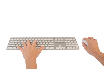 Closeup of business woman hand typing on laptop keyboard with mouse on transparent background