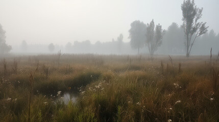 Fototapeta premium Misty Fens: A Surreal Landscape. Generative AI