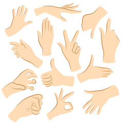 Set of symbolic hand gestures. Expression of emotions with gestures. Gesture of approval and disapproval. Greeting, ok, fist, pointing. Hand movements. Communication with gestures.
