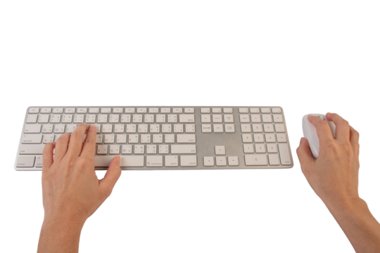 Closeup of business woman hand typing on laptop keyboard with mouse on transparent background