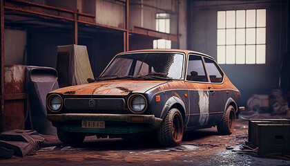old rusty car in an abandoned factory. classic car lifestyle. vintage muscle car