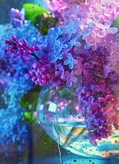 Obraz na płótnie Canvas Bouquet Of Lilacs In A Glass Vase Behind Glass Window With Rain Drops