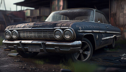 abandoned vintage muscle car in the junkyard