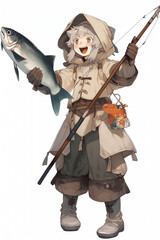 Obraz premium 漁師(釣り人)の女性キャラクターの全身イラスト(AI generated image)