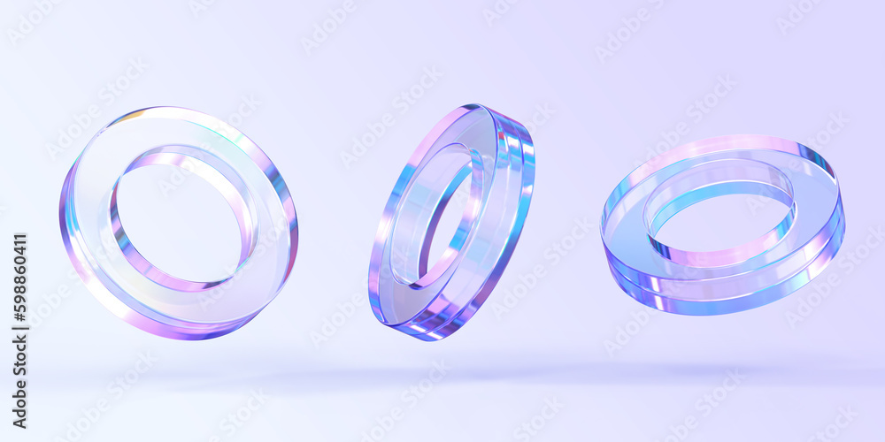 Poster glass or crystal ring in different angle view, 3d render. abstract figure of geometric shape with ho