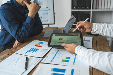Businessman working with project idea presentation, restart, analyzing data planning on tablet,...
