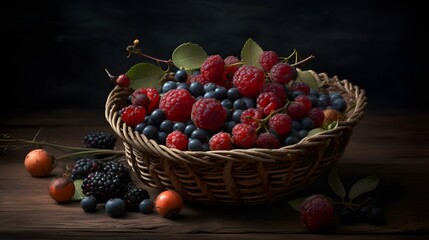 Forest Fruit in basket, summer picnic basket with fruits and wild leaf, created with generative ai