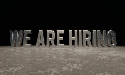We are hiring - heavy metallic text on clean glossy marble floor and black background
