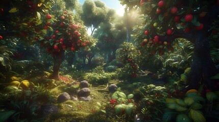 Fototapeta na wymiar Landscape forest Plant and fruit, Forest Fruit tropical, Ai generated