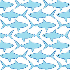 Vector illustration toothy swimming angry shark animal sea fish character underwater cute marine wildlife mascot seamless pattern background.