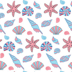 Hand drawn vector illustrations - seamless pattern of seashells. Marine background. Perfect for invitations, greeting cards, posters, prints, banners, flyers etc