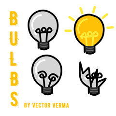 Vector illustration of a bulb switched on, switched off, a bulb with fuse burnt and a broken bulb with text bulbs by vector verma in yellow