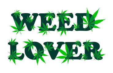 vector decorative green lettering weed lover with cannabis leaves pattern, marijuana, logo for weed lovers 