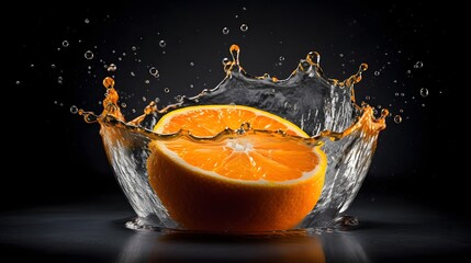 Fototapeta na wymiar Orange fruit Slice with water splash on black background, Ai generated