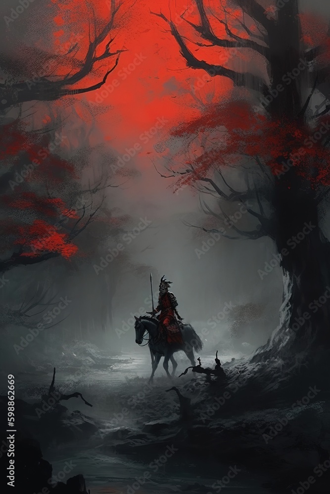 Poster a guy galloping through the woods on the back of a horse. generative ai generative ai