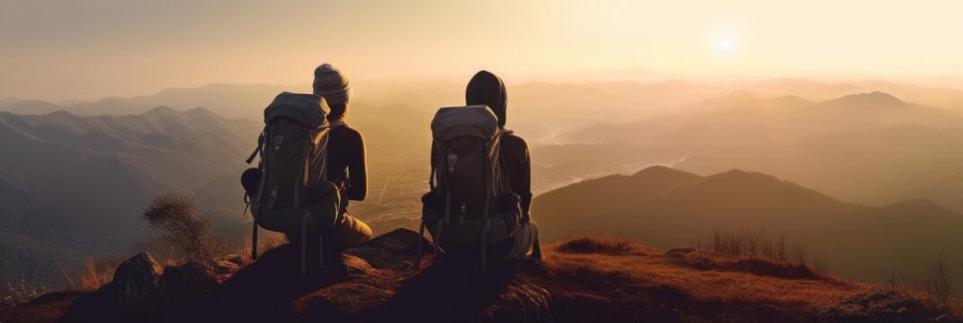 Hikers with backpacks sitting and relaxing on the top of a mountain, enjoying the beautiful view of the valley below. Generative AI