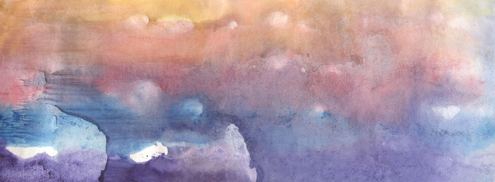 Abstract watercolor background. Watercolor spilled over the sheet. The color splashing on the paper. Suitable for backgrounds, postcards, banners, printing on fabric, paper. It is a hand drawn. © Helen