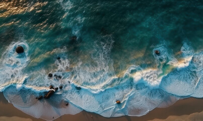 Aerial view of sandy beach and blue sea