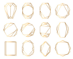 Gold set with geometrical polyhedron art decoration style for wedding invitation. Luxury elegant templates, decorative patterns