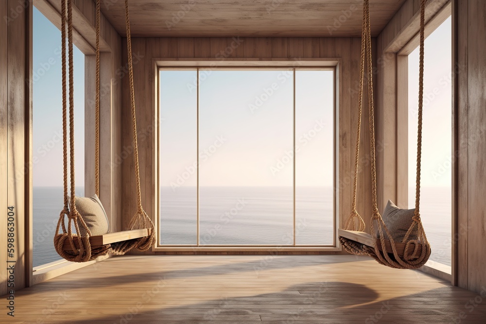 Poster a room that looks out over the water and has a swing in it. generative ai generative ai