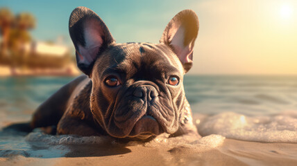 Fototapeta na wymiar French Bulldog on the Beach